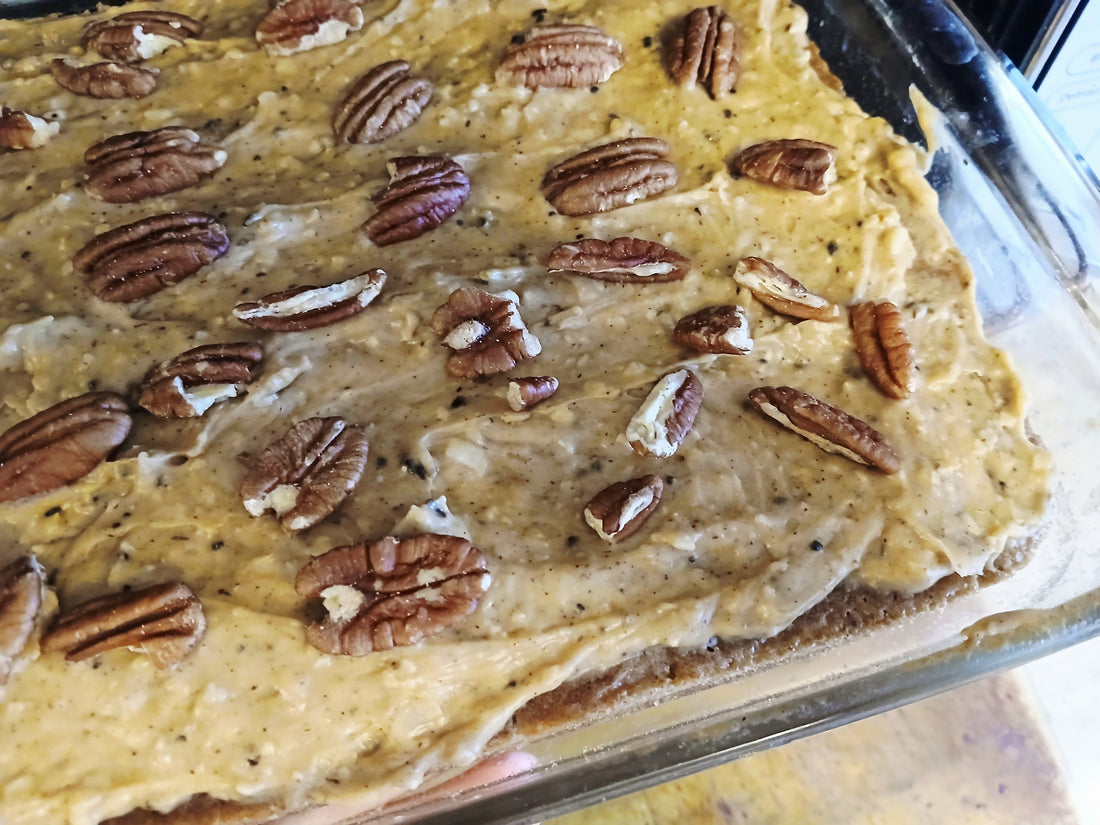 “Warm coffee notes. Sweet coconut. Fall spice perfection.”  Cake recipe improved!