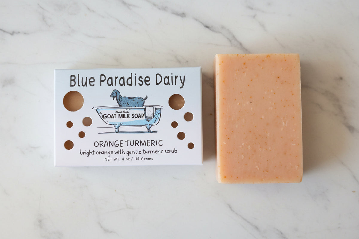 Bar of soap from Blue Paradise Dairy orange turmeric

